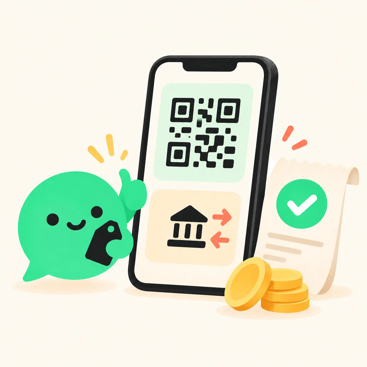 手機上的 QR 碼收款卡片與打勾收據